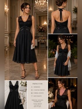 Black Chiffon Backless Cocktail Dress Wedding Guest‎ Formal Evening Party Size L